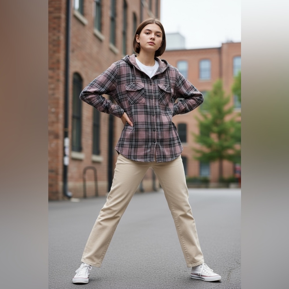 #408 Boston Traders lavender and Black Plaid Hooded Shirt